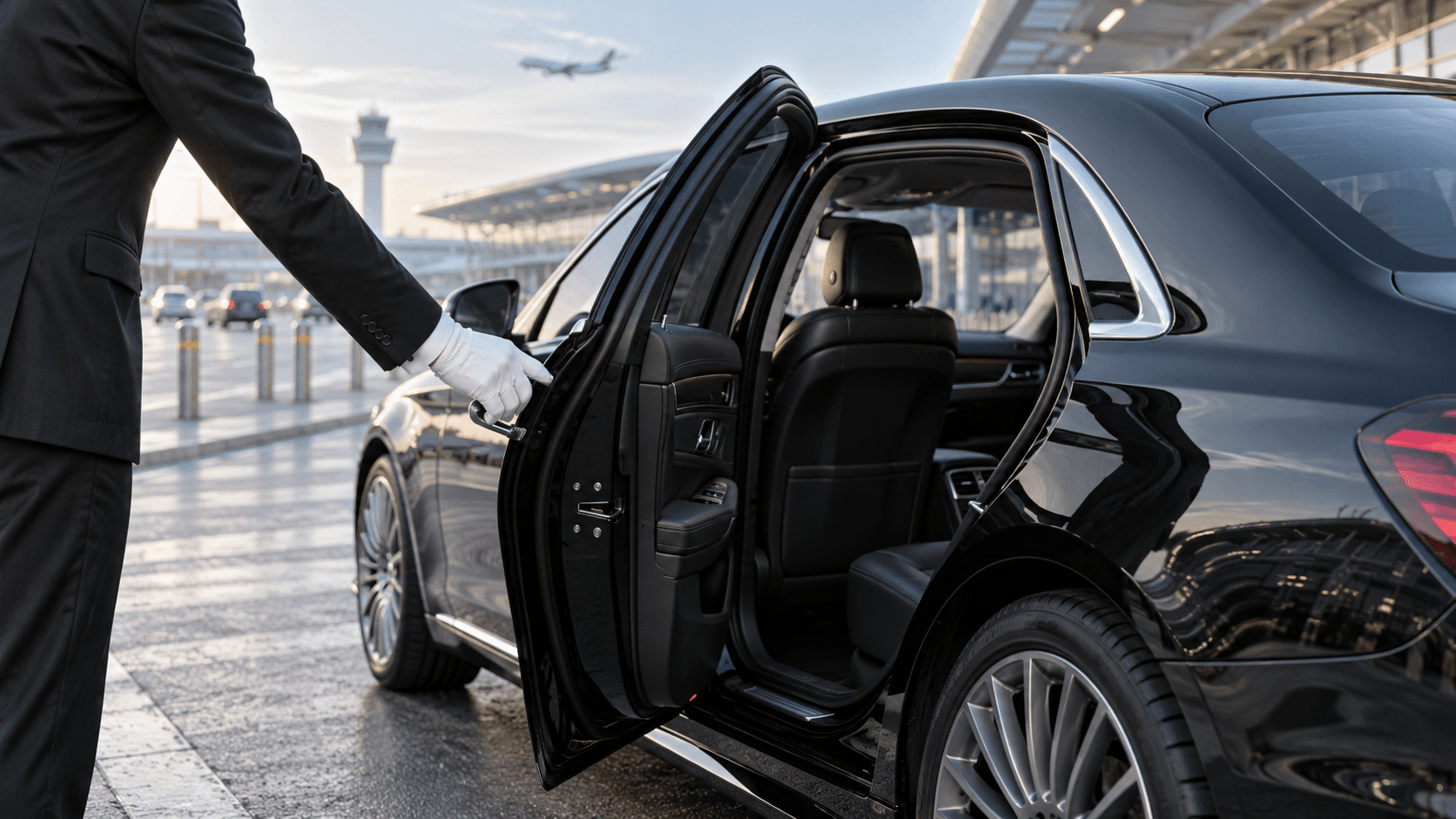 Chauffeur holding open the rear door of a luxury sedan at an airport terminal