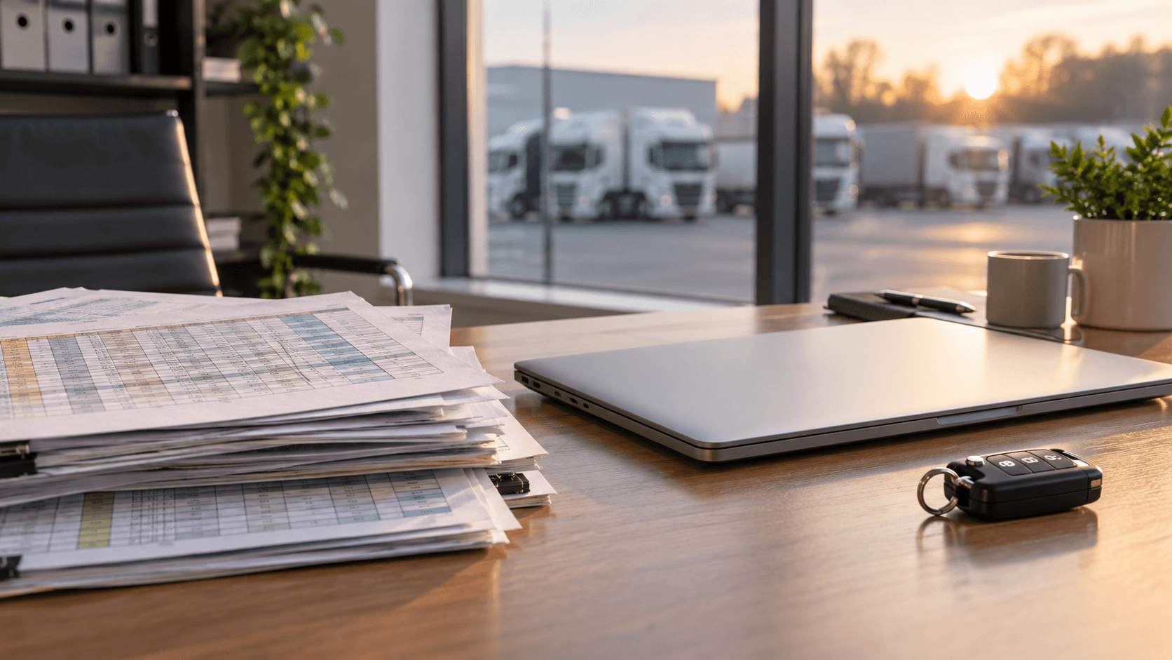 Transportation office desk with laptop, documents, and car key