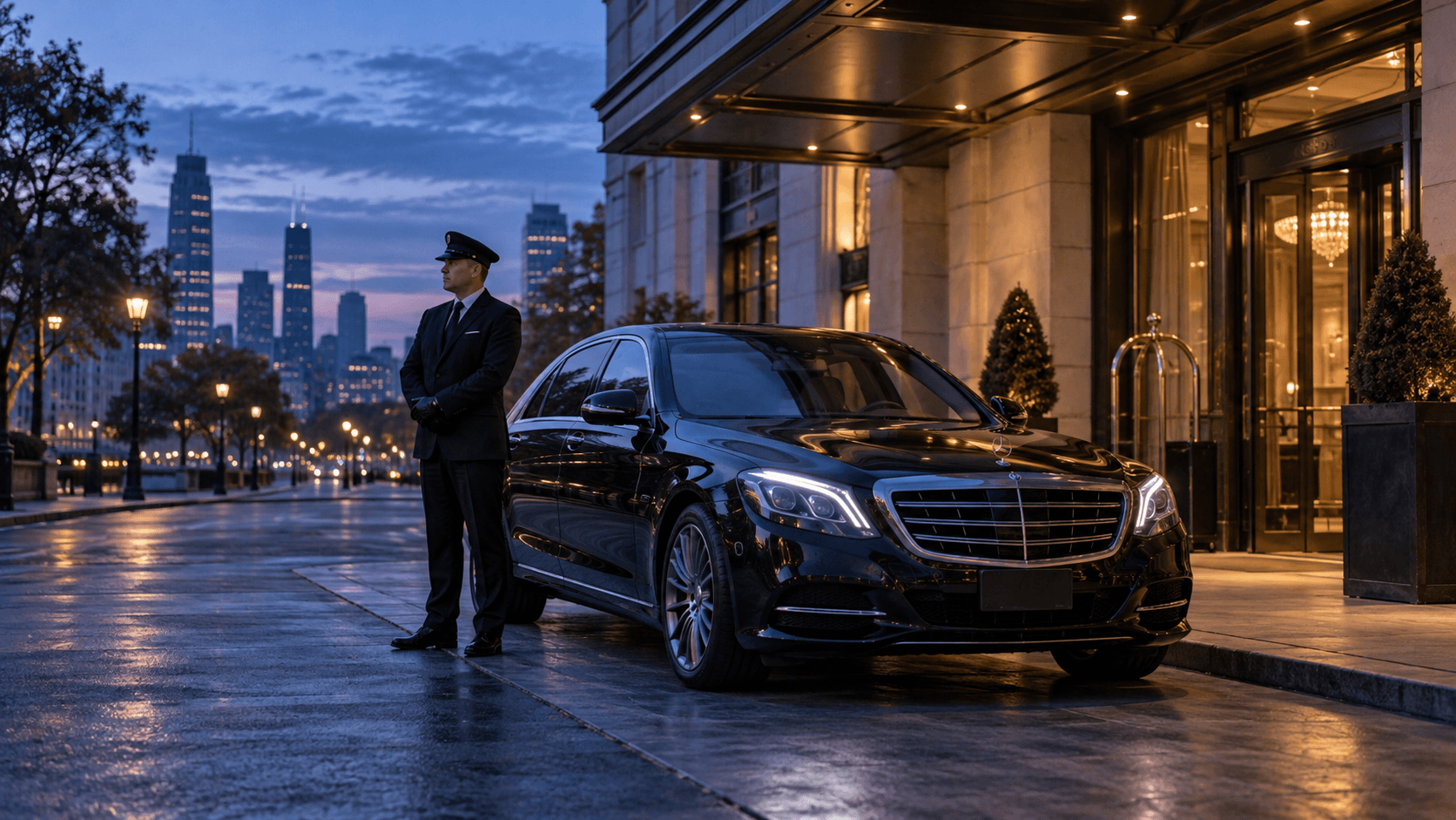 Black executive sedan waiting outside a hotel at blue hour