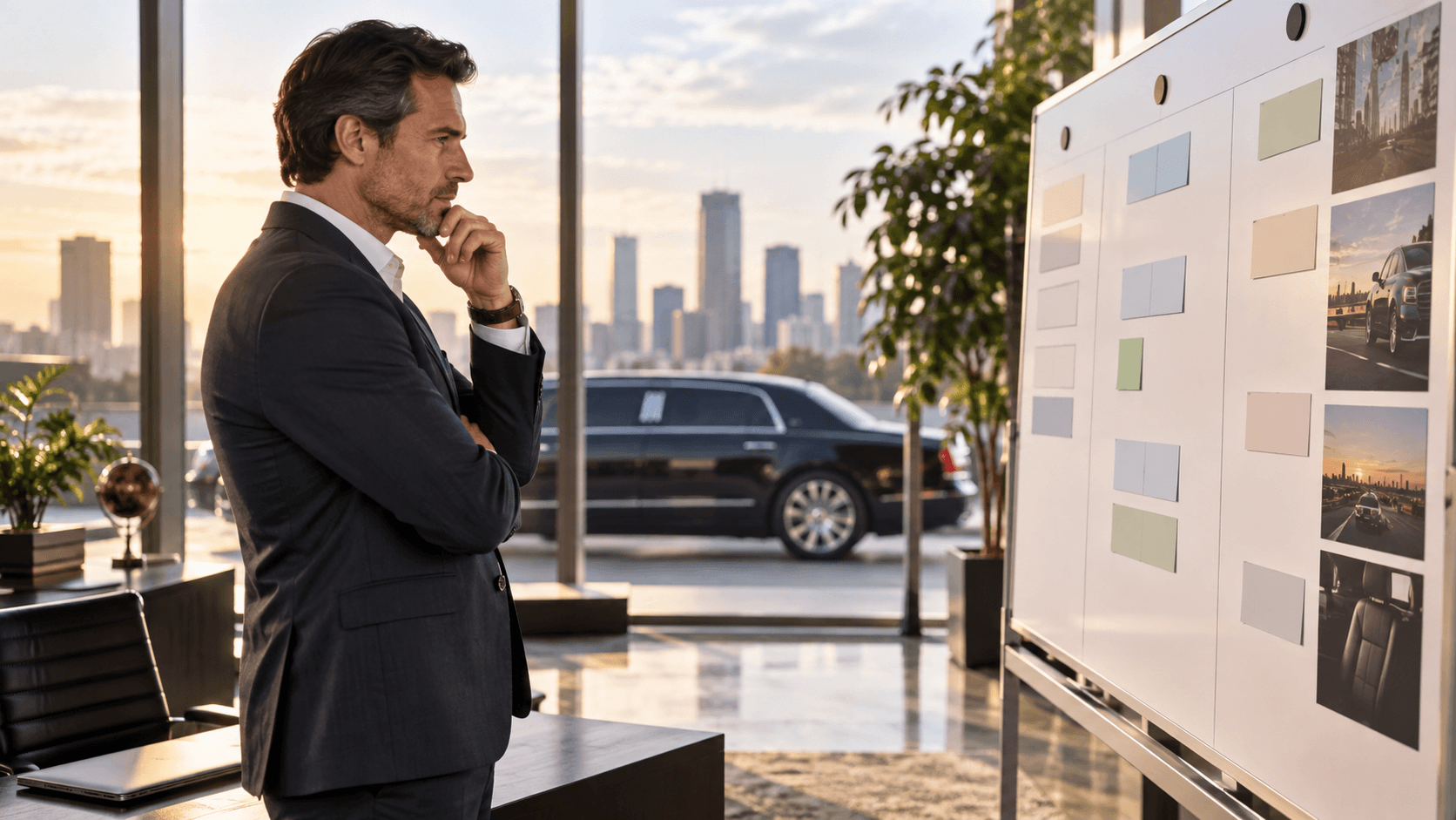 Operations manager reviewing a planning board in a modern office