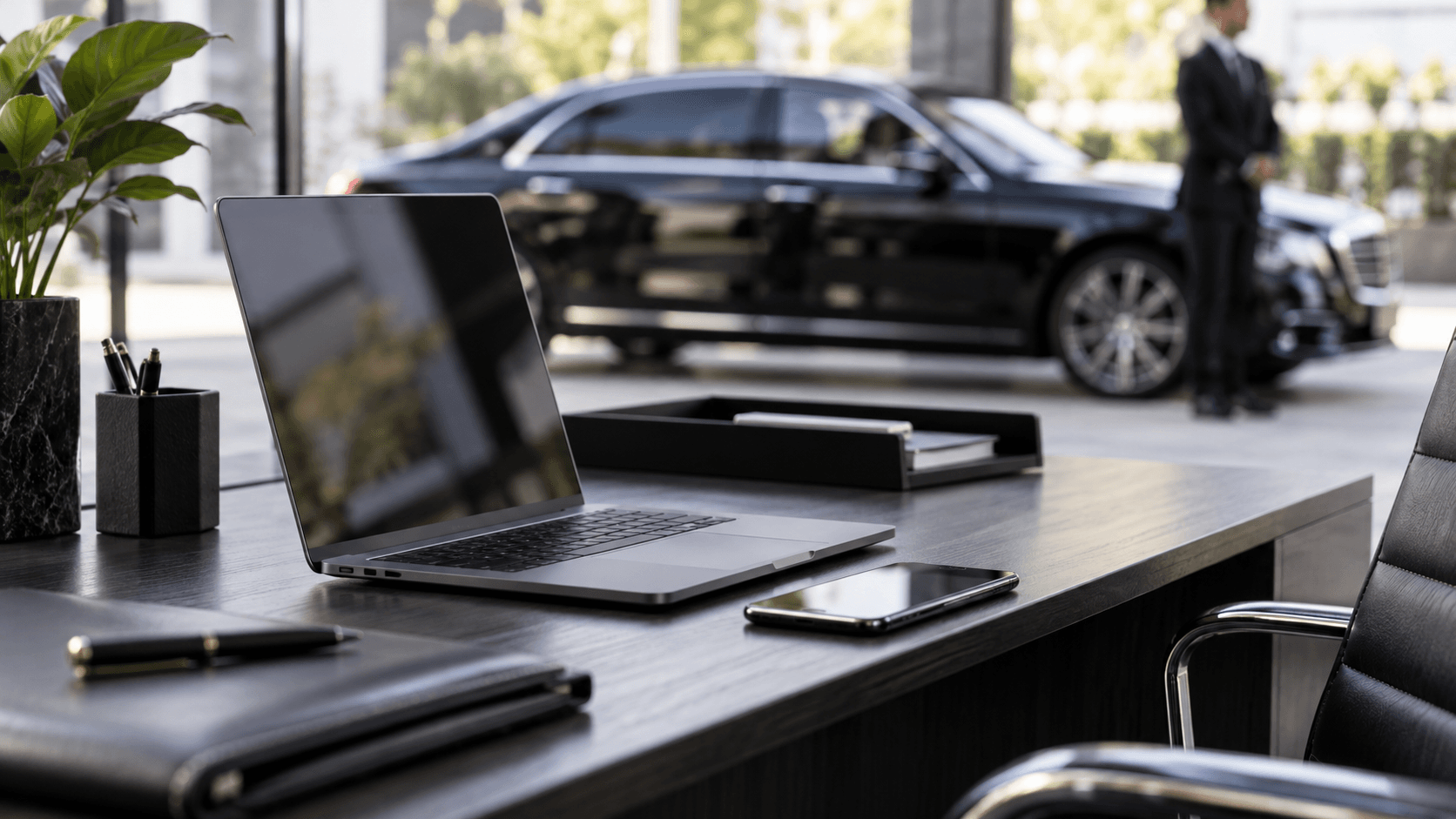 Laptop and smartphone on an executive transportation office desk