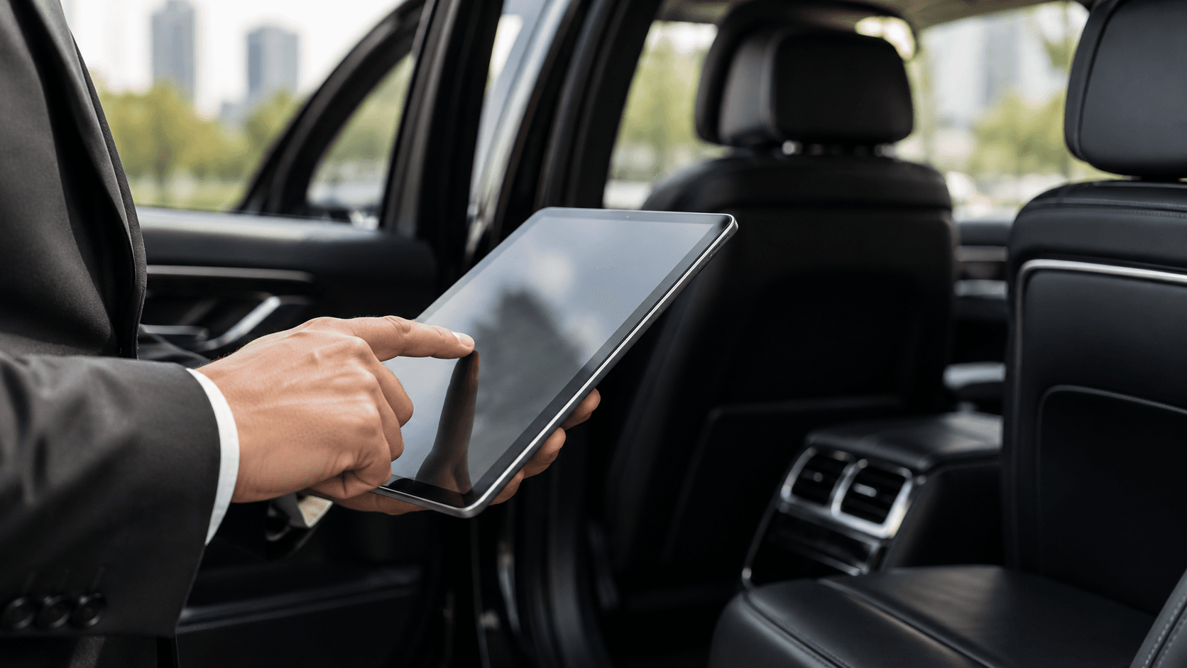 Hand using a modern tablet inside an executive vehicle