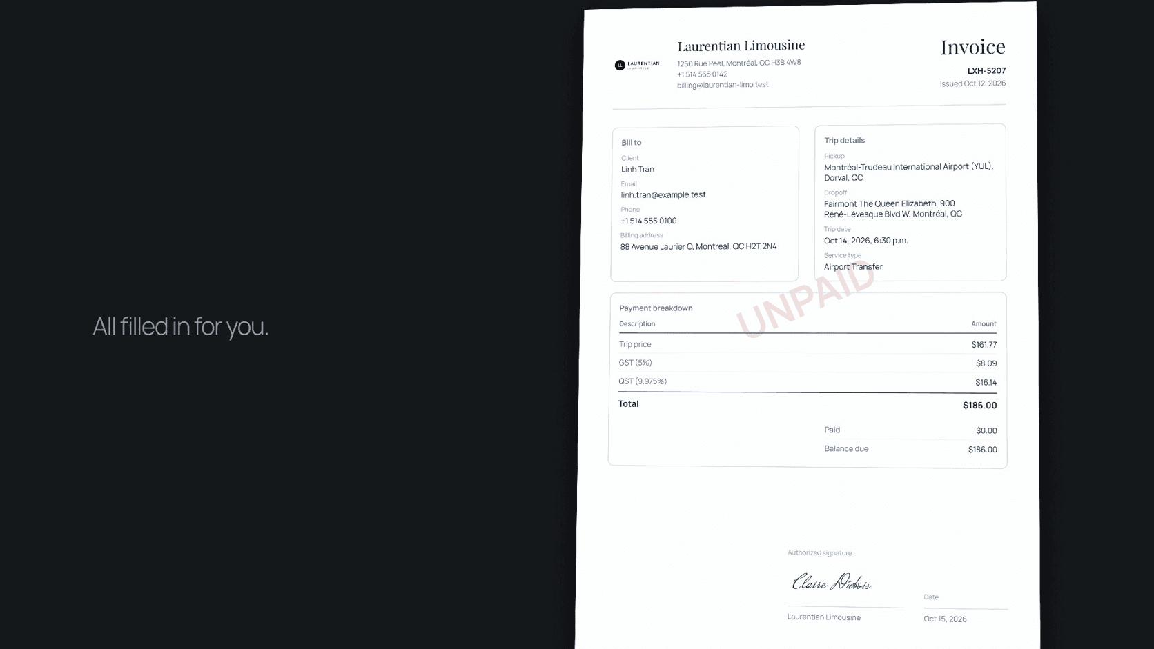 A completed limousine trip invoice with client, trip details, taxes and signature