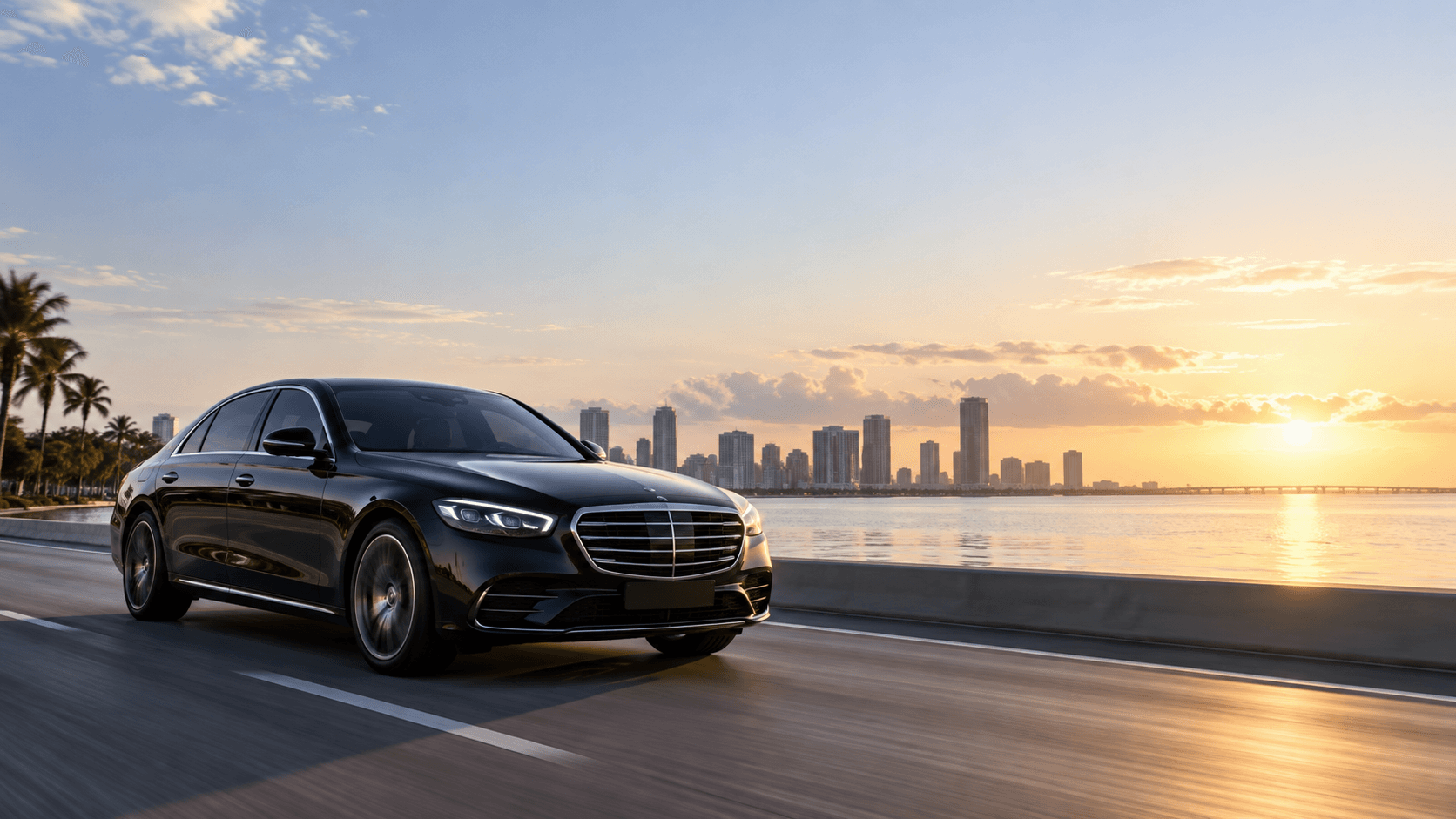Black executive sedan travelling along a waterfront road at sunrise