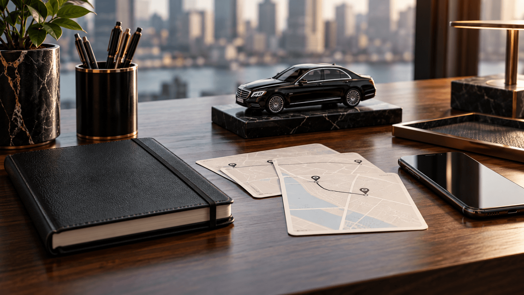 Organized transportation desk with notebook, phone, and car key