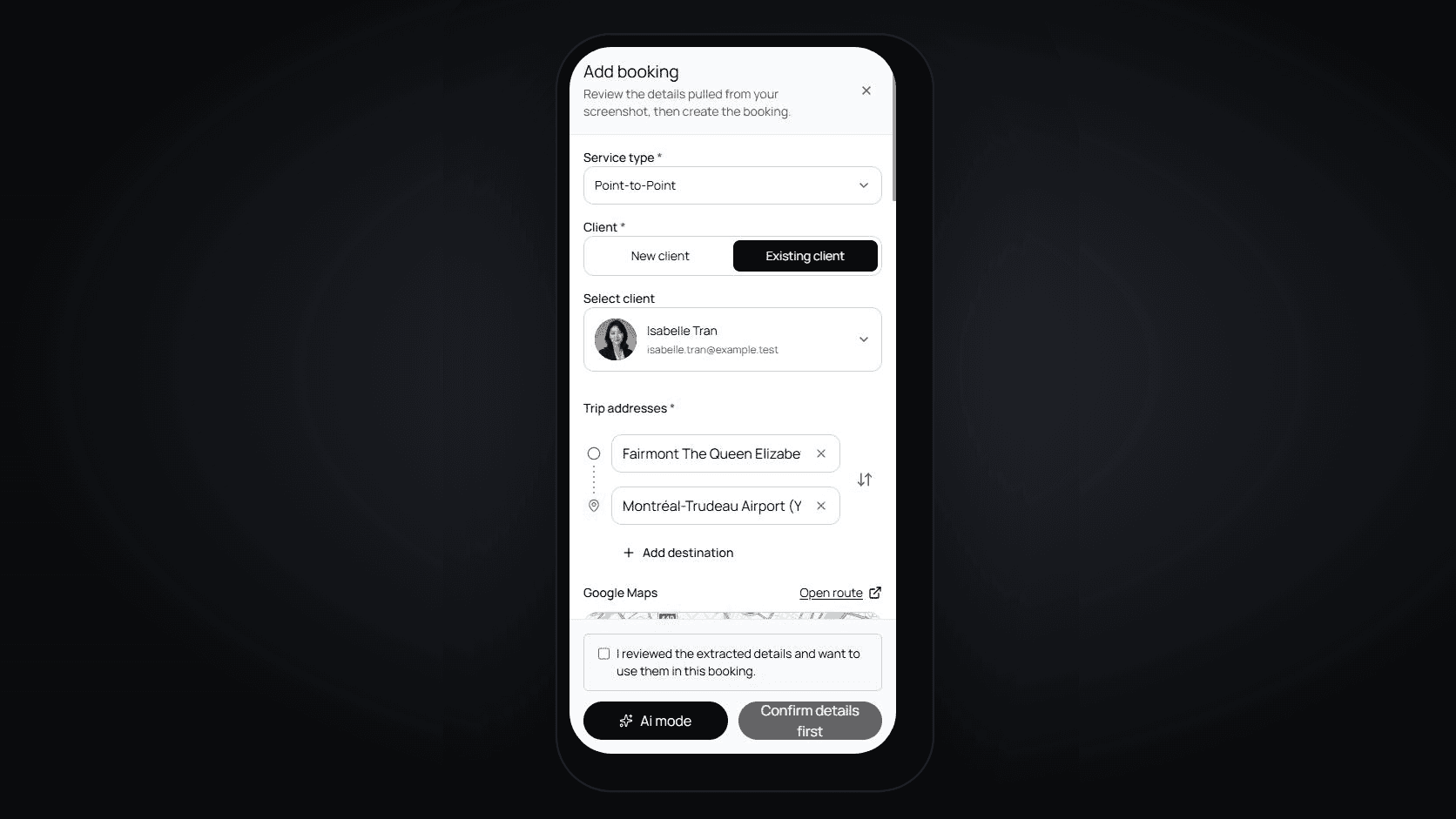 Phone showing a LimOperations booking form filled in from a screenshot
