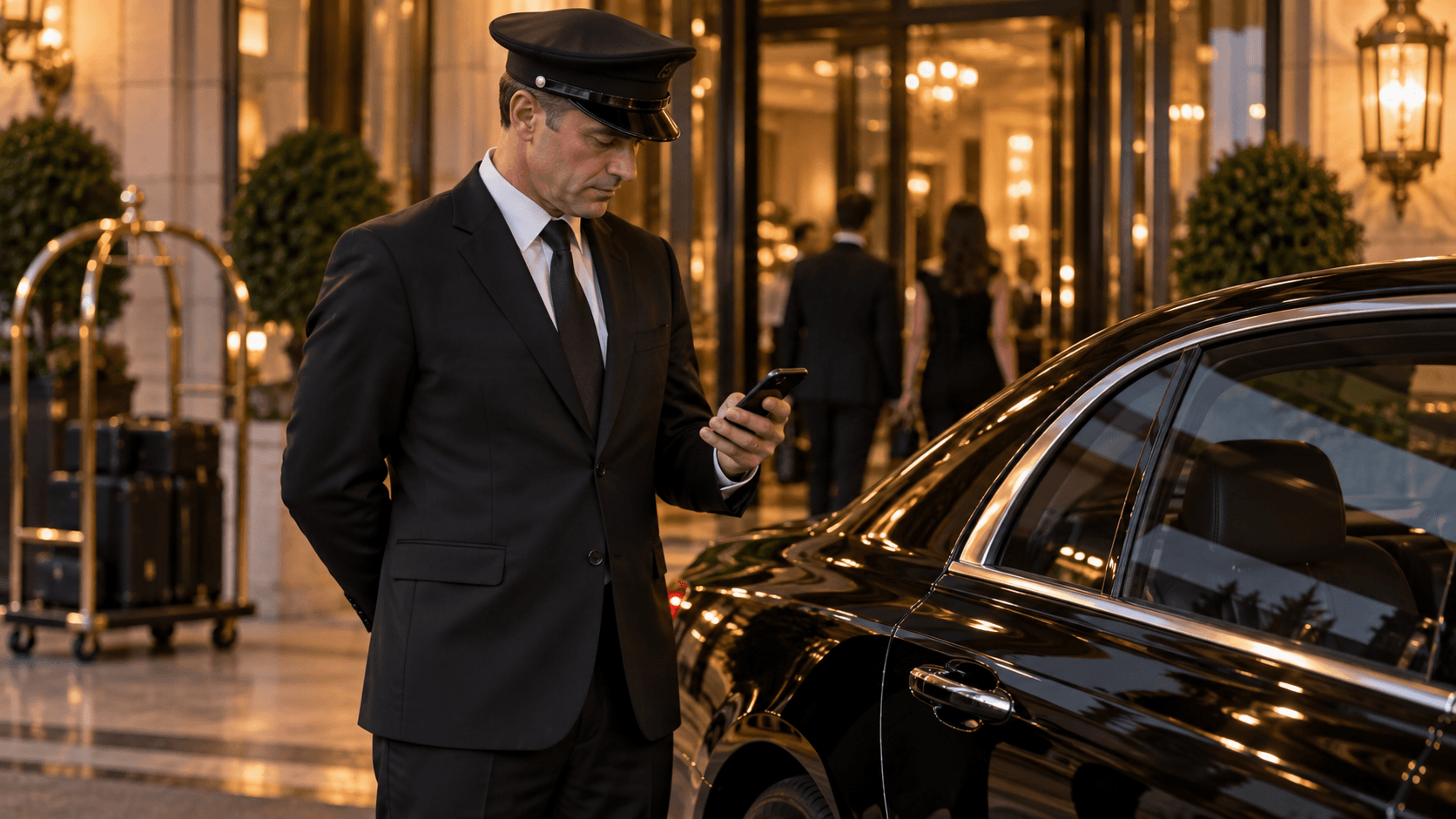 Chauffeur checking a phone beside a black sedan at a hotel